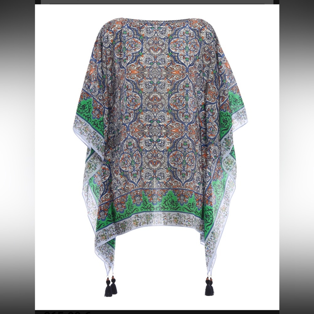 New Tory Burch Grand Voyage Classic Silk Caftan Coverup Floral Green Tassels L - Picture 5 of 10